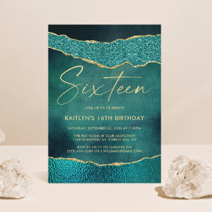 Stylish Turquoise & Gold Agate 16th Birthday Invitation