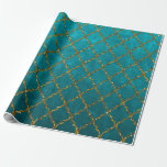 Stylish Turquoise Gold Quatrefoil Glitter Print Wrapping Paper<br><div class="desc">A stylish girly turquoise,  gold,  black quatrefoil trendy glitter photo print. An elegant Christmas colours gold glitter quatrefoil pattern on turquoise texture background. Get this morrocan style classic pattern design for her or anyone on any occasion. The perfect gift idea for Christmas.</div>