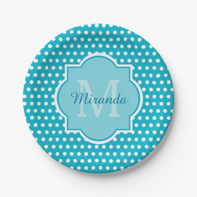 Stylish Turquoise Polka Dots Monogram With Name Paper Plate (Front)