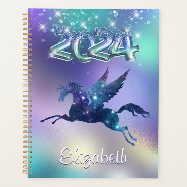 Stylish Turquoise Rainbow unicorn Glitter 2024 Planner (Front)