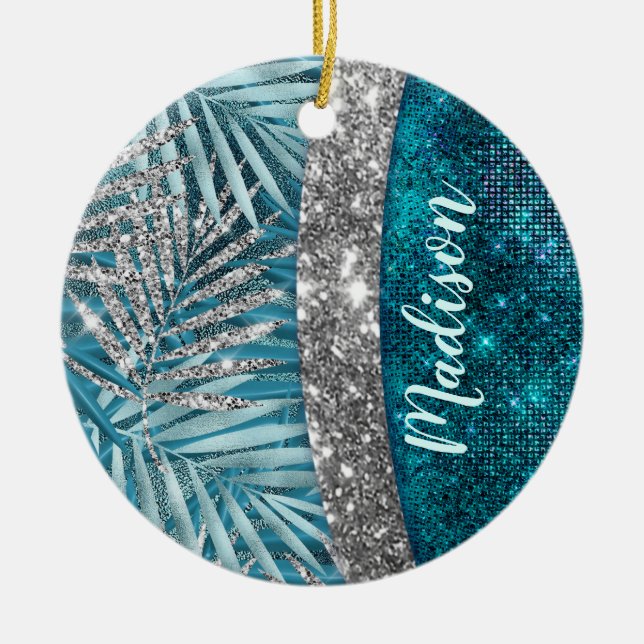 Stylish turquoise silver glitter leaves monogram ceramic ornament (Front)