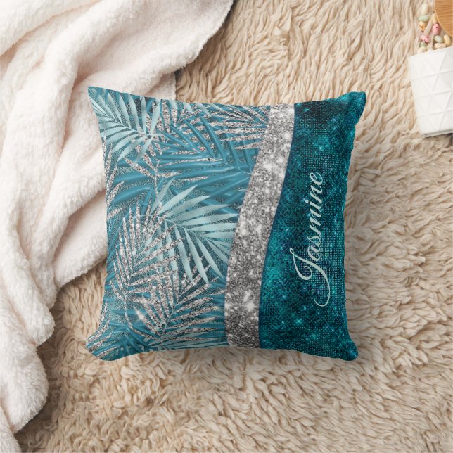 Stylish turquoise silver glitter leaves monogram cushion (Blanket)