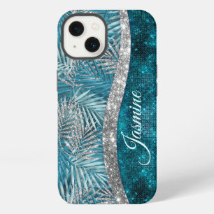 Stylish turquoise silver glitter leaves monogram iPhone 13 case