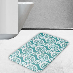 Stylish Turquoise & White Fern Leaf Curls Swirls Bath Mat