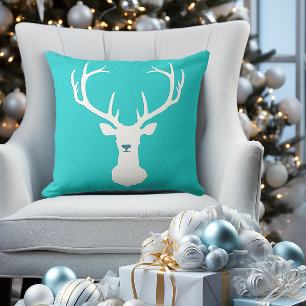 Stylish Turquoise White Tail Deer Head Silhouette  Cushion