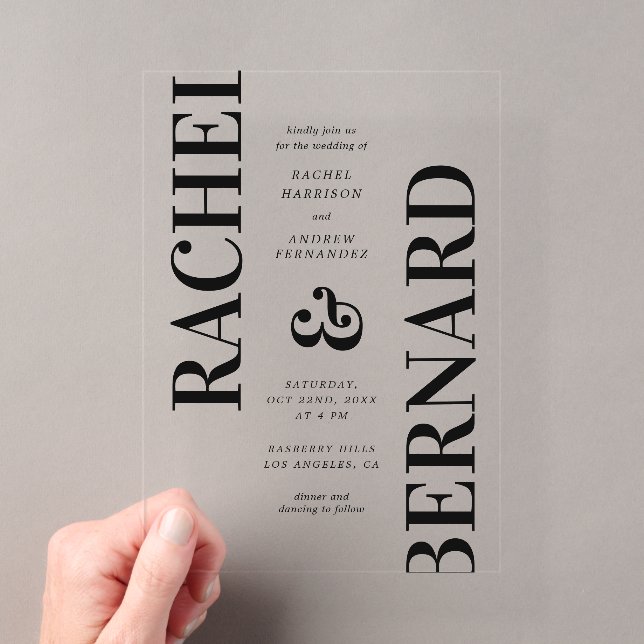 Stylish Typography Bold Bright Transparent Wedding Acrylic Invitations (Insitu (Handheld))