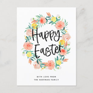 Stylish Typography Watercolor Floral Wreath Easter Holiday Postcard