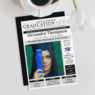 Stylish Unique Black Newspaper Graduate Student Invitation