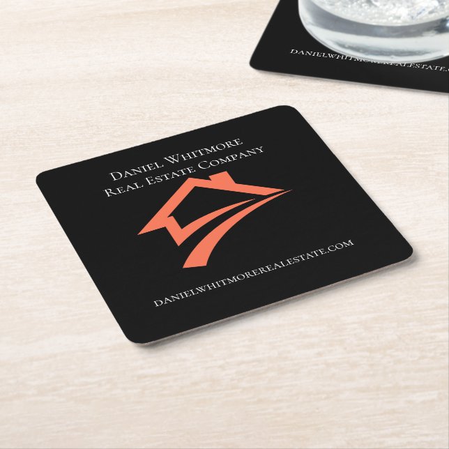 Stylish Unique Black Real Estate Agent Square Paper Coaster (Angled)
