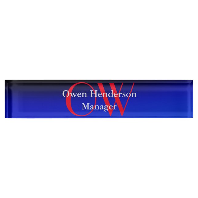 Stylish Unique Blue Red Bold Text Monogram Nameplate (Front)