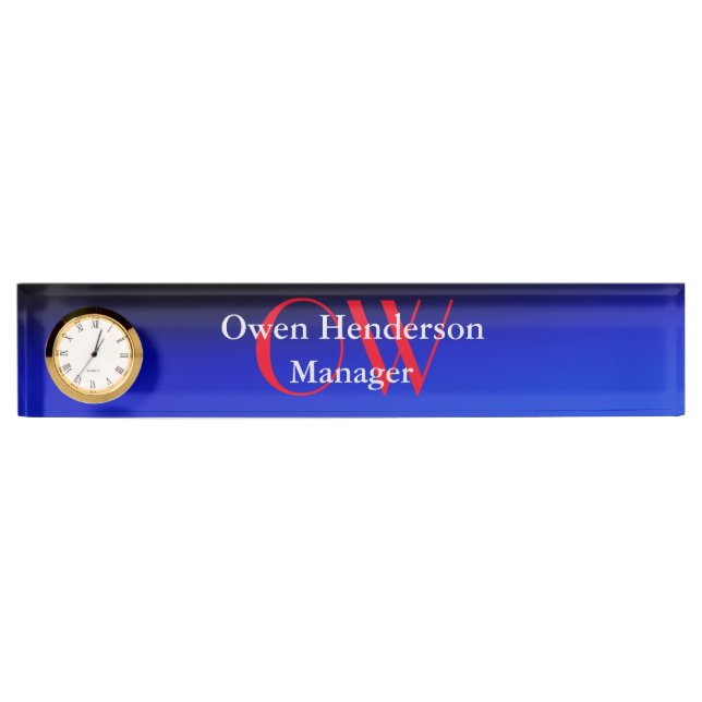Stylish Unique Blue Red Bold Text Monogram Nameplate (Front)