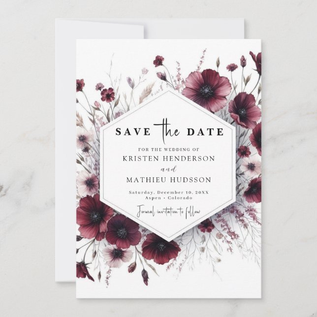 Stylish Unique Burgundy Wedding  Save The Date (Front)