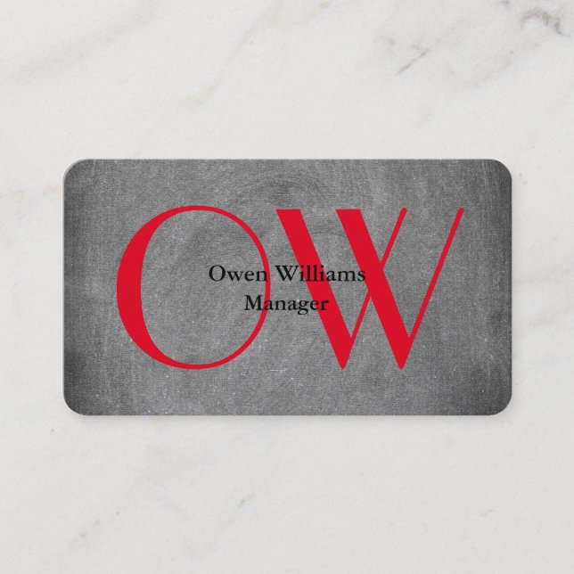 Stylish Unique Chalkboard Red Bold Text Monogram Business Card (Front)