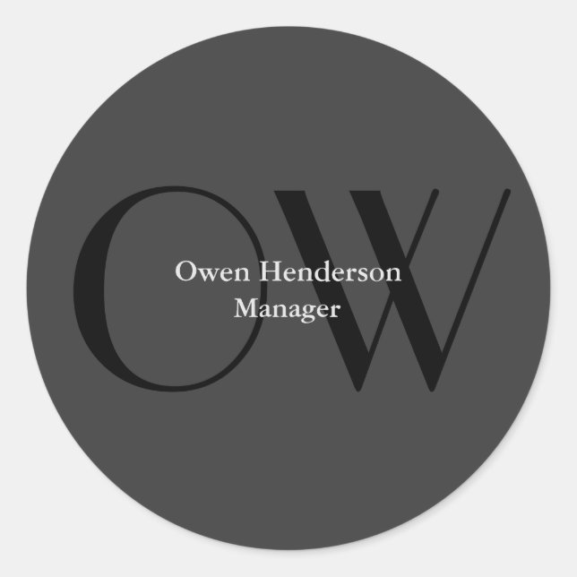 Stylish Unique Grey Black Monogram Classic Round Sticker (Front)