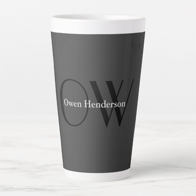 Stylish Unique Grey Black Monogram Latte Mug (Front)