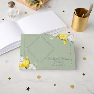 Stylish Unique Yellow White Roses Floral Gold Guest Book