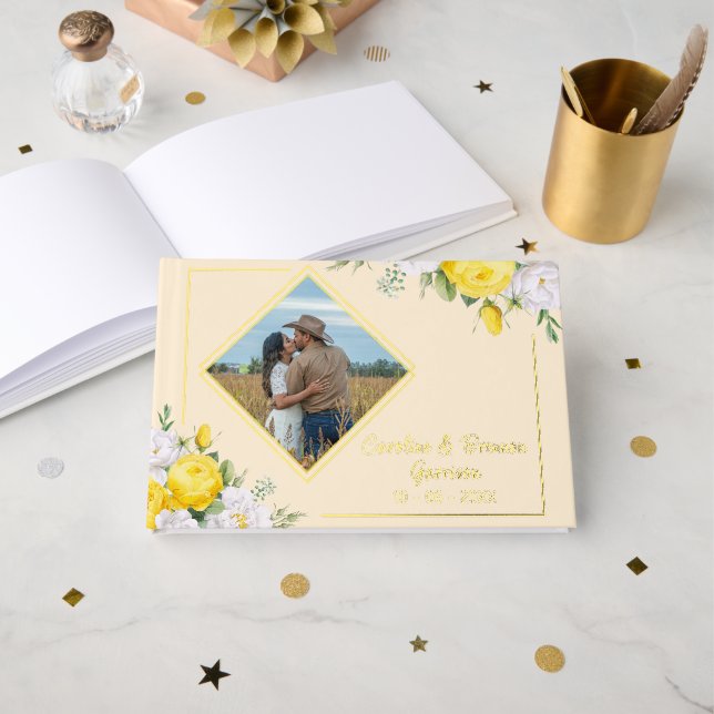 Stylish Unique Yellow White Roses Floral Gold Guest Book (Front Open)