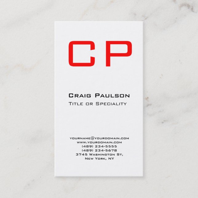 Stylish Vertical Red White Monogram Business Card (Front)