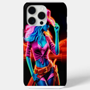 Stylish vibrant cowgirl with retro neon lighting iPhone 15 pro max case