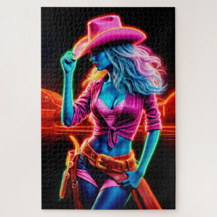 Stylish vibrant cowgirl with retro neon lighting jigsaw puzzle