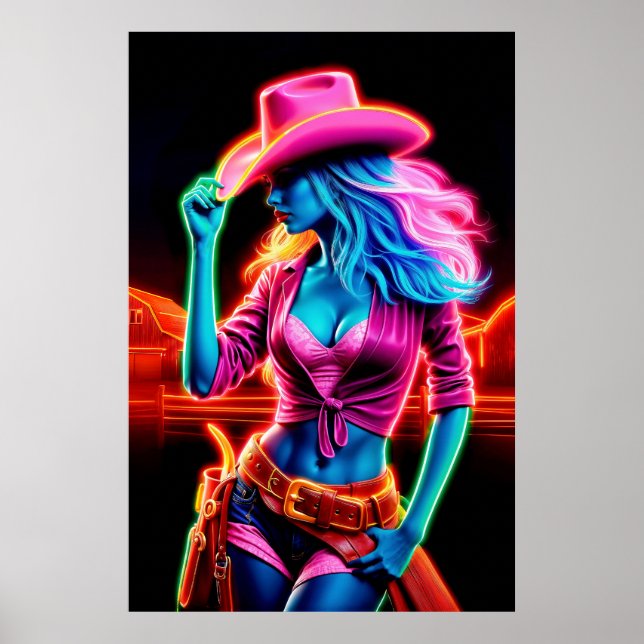 Stylish vibrant cowgirl with retro neon lighting poster (Front)