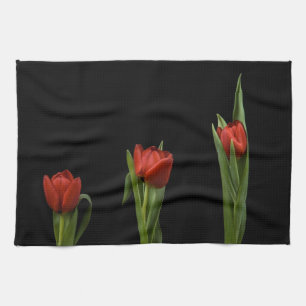 Stylish Vibrant Red Tulips On Black Kitchen Towel