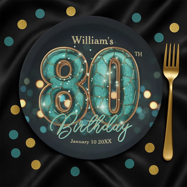 Stylish Vibrant Teal and Gold 80th Birthday Paper Plate (Creator Uploaded)