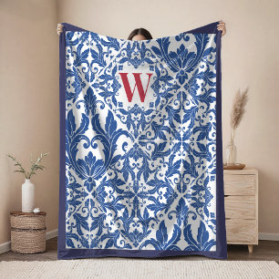 Stylish vintage damask navy Blue monogram Fleece Blanket