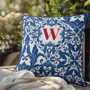 Stylish Vintage Navy Blue Damask Monogram Cushion