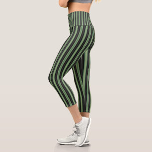 Stylish Vintage Olive Sage Green Black 3D Striped  Capri Leggings