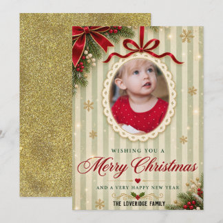 Stylish Vintage Red Bow Photo Ornament Christmas Holiday Card