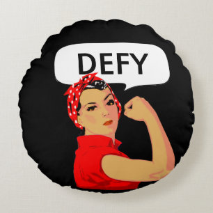 Stylish Vintage Strong Woman & Editable Defy Text  Round Cushion
