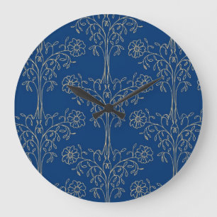 Stylish Wall Clock, Dark Blue, Gold-effect Pattern Large Clock