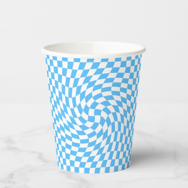 Stylish Warped Chequered Pattern Blue & White Paper Cups (Left)