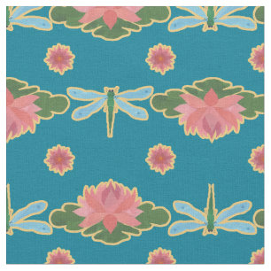 Stylish Water Lilies and Dragonfly on Blue Fabric