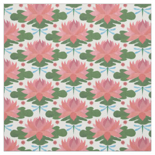 Stylish Water Lilies and Dragonfly on White Fabric