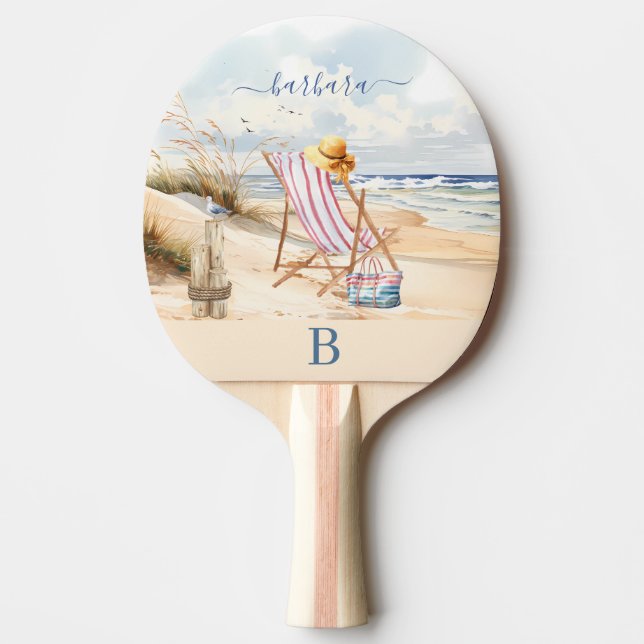 Stylish Watercolor Beach Ocean Monogram Name Ping Pong Paddle (Front)