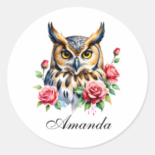 Stylish Watercolor Floral Owl Classic Round Sticker