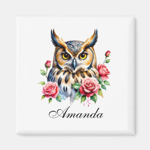 Stylish Watercolor Floral Owl Magnet