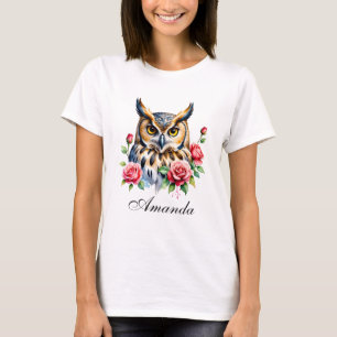 Stylish Watercolor Floral Owl T-Shirt