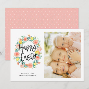 Stylish Watercolor Floral Wreath Easter Photo Holiday Card