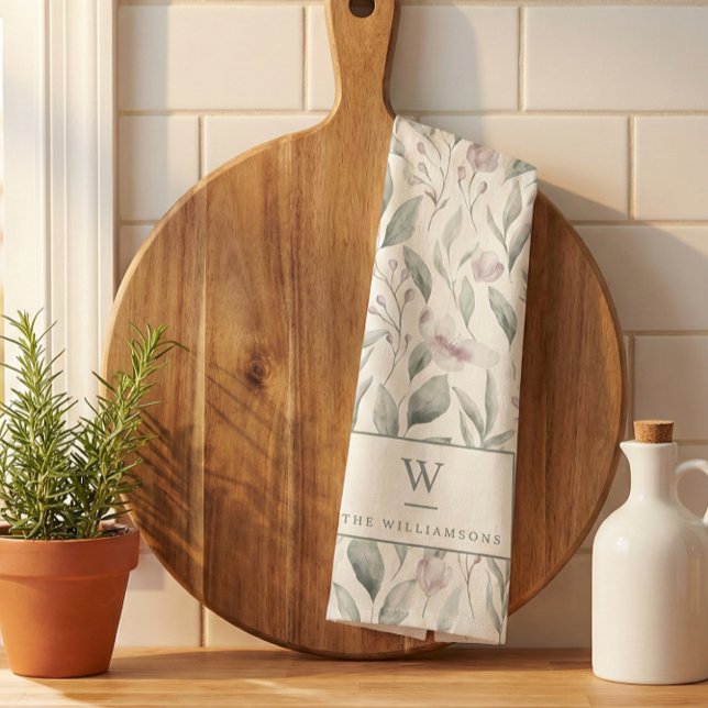 Stylish Watercolor Green Eucalyptus Monogram Tea Towel (Creator Uploaded)