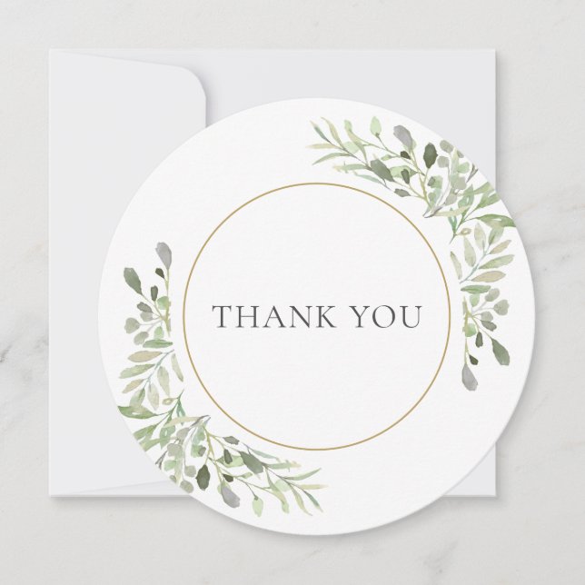 Stylish Watercolor Greenery Circular Thank You Card (Front)
