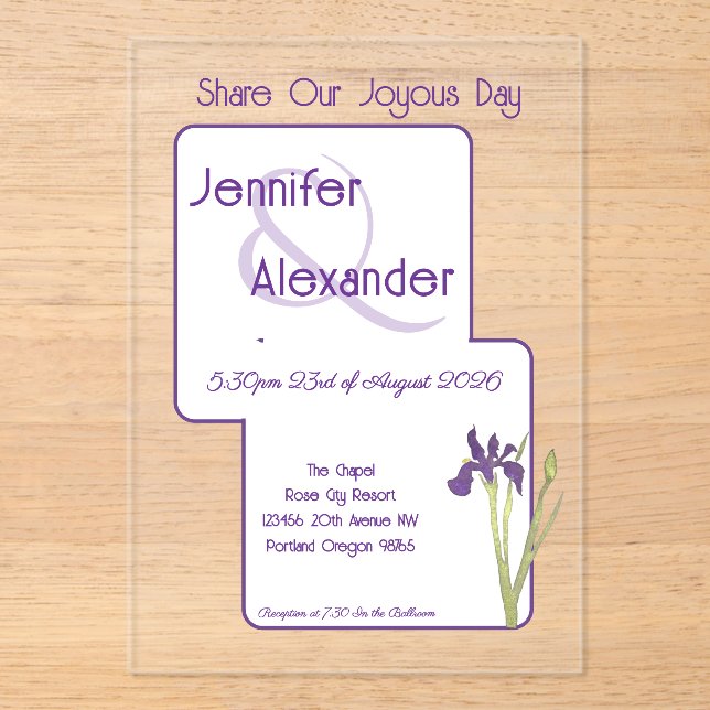 Stylish Watercolor Iris Purple Acrylic Wedding  Invitations (Front)