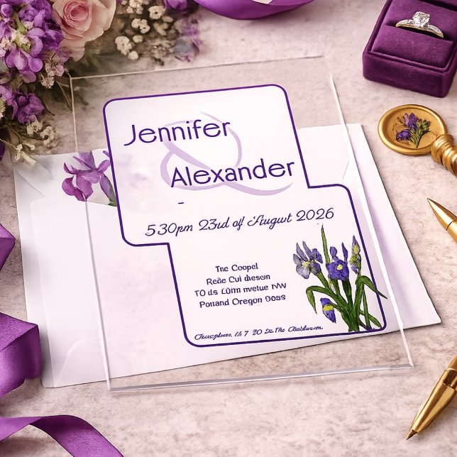 Stylish Watercolor Iris Purple Acrylic Wedding  Invitations (Creator Uploaded)