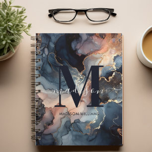 Stylish Watercolor Marble Pink Blue Gold Monogram Notebook