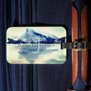 Stylish Watercolor Mountain Painting Monogram Luggage Tag