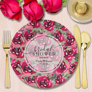 Stylish Watercolor Pink Floral Bridal Shower Paper Plate