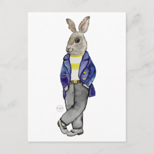 Stylish watercolor rabbit hand drawing postcard