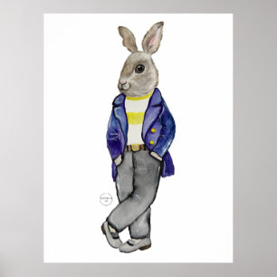 Stylish watercolor rabbit hand drawing poster